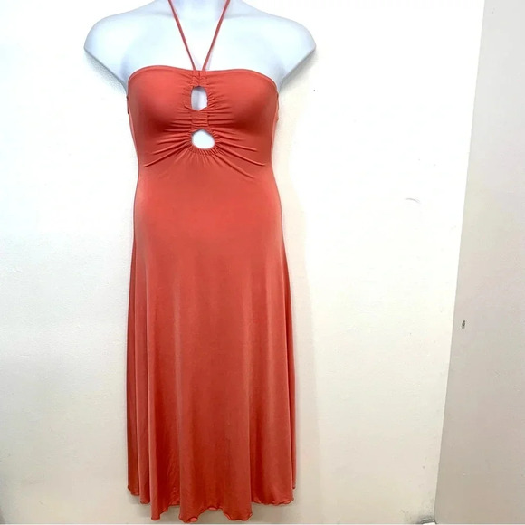 Sincerely Jules Dress Small Y2K  Halter Key Hole Midi Strapless Orange Stretch - Picture 1 of 9